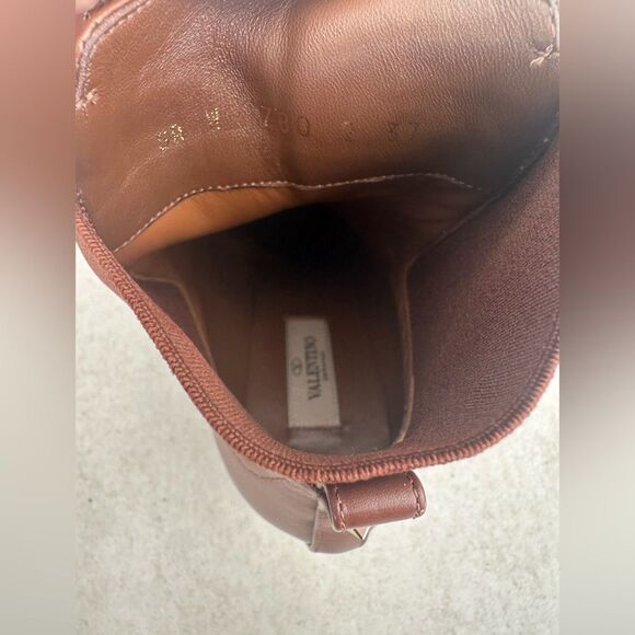 Valentino Rockstud Calfskin Buckle-Strap Ankle Boots Block Heel Brown Size 37US7 - Picture 3 of 11
